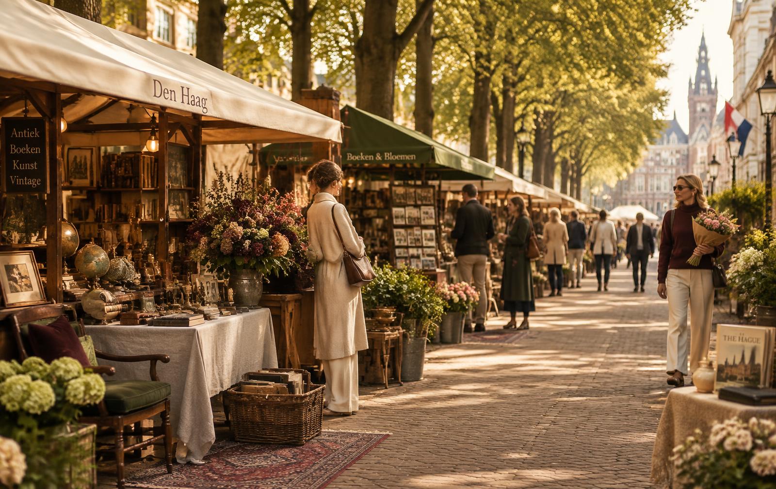 Antiekmarkt met kramen onder de lindebomen van het Lange Voorhout