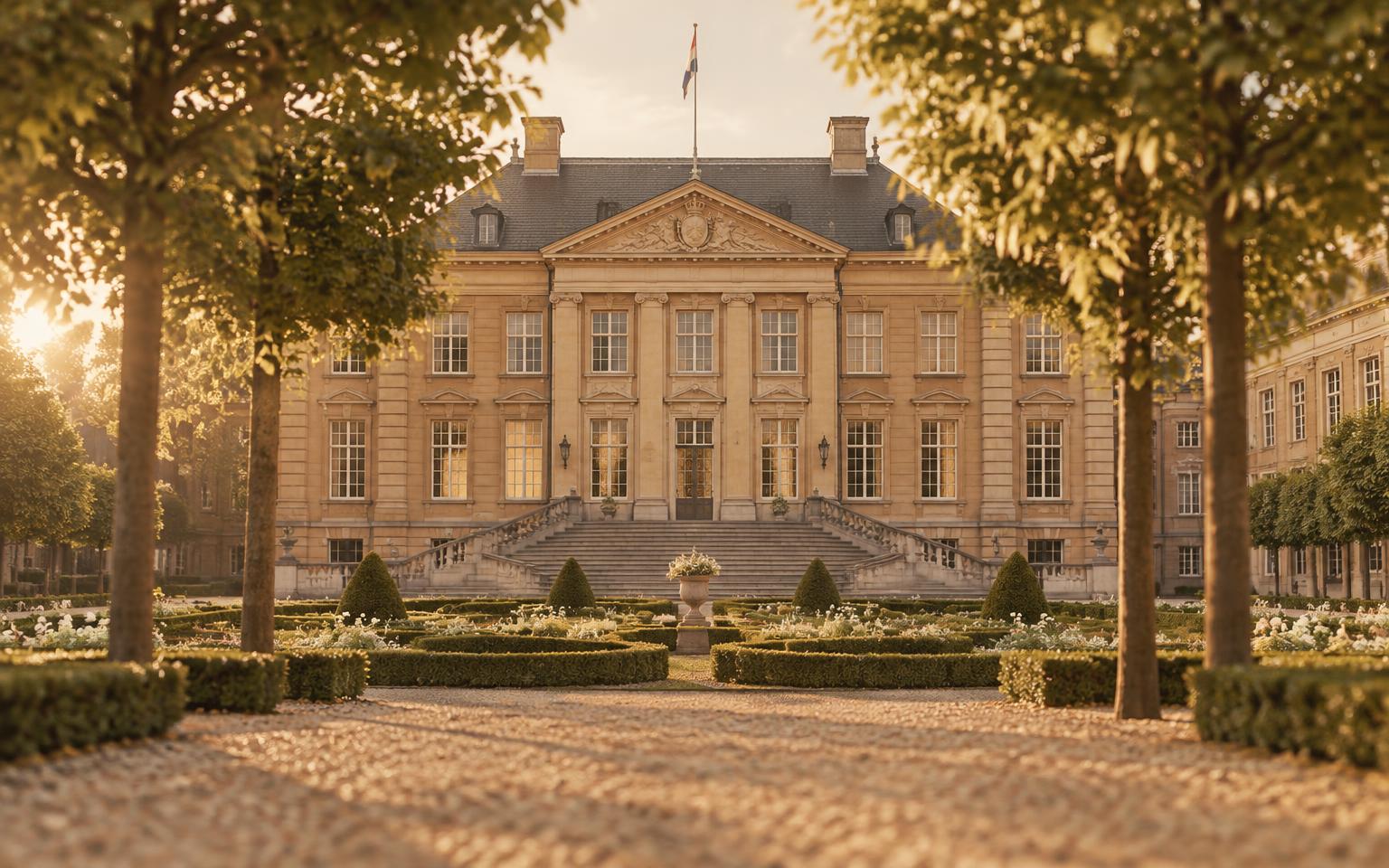 Klassiek paleis met bordestrap en formele paleistuin in warm avondlicht