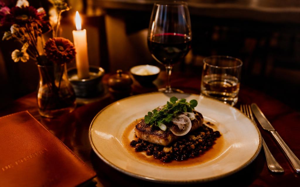 Gedekt restauranttafel bij kaarslicht