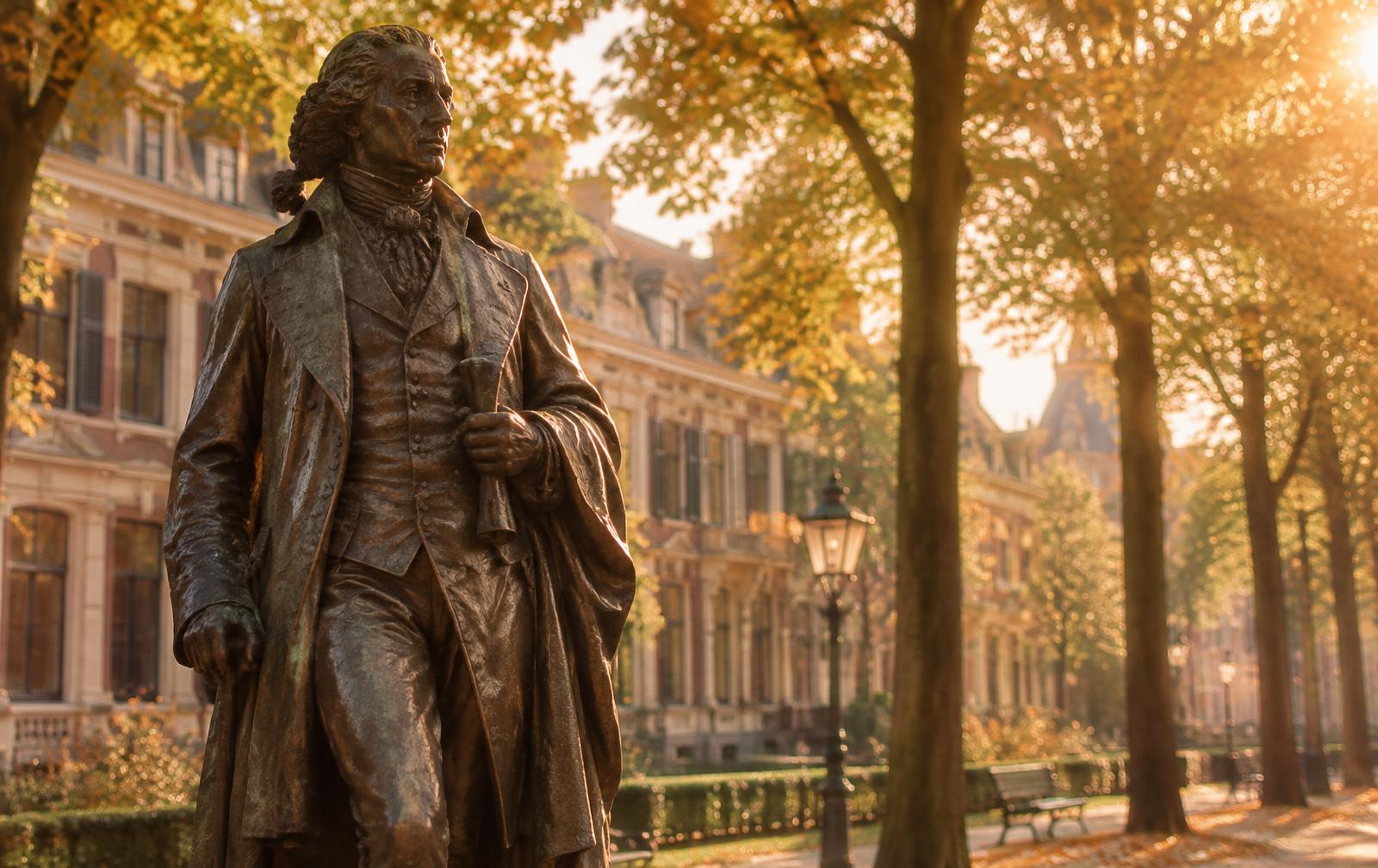 Bronzen standbeeld tussen de lindebomen van het Lange Voorhout in warm avondlicht